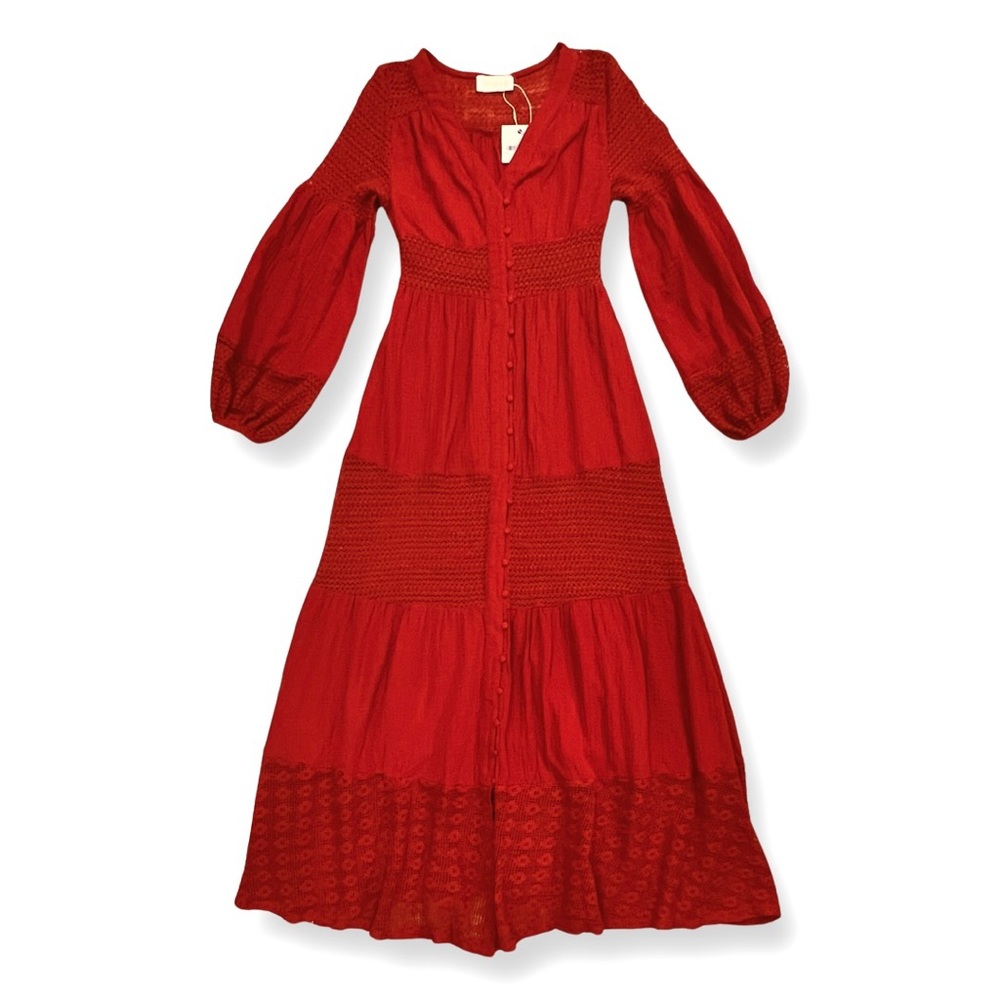 ALTEREDREAMS ‘Neti’ Lantern Sleeve Button Front Lace Boho Red Maxi Dress XS